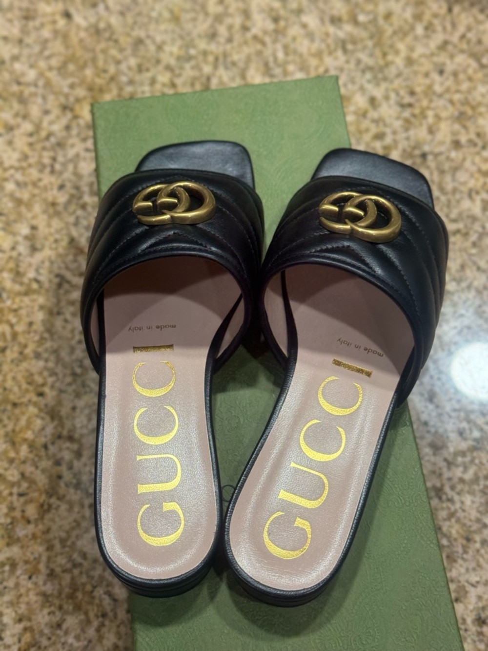 Gucci Black Quilted Leather Slide Mules with Gold GG Hardware - Picture 2 of 7